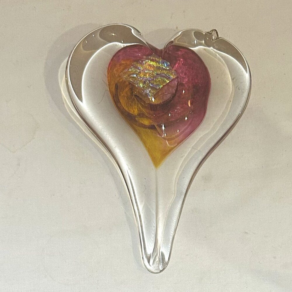 Luke Adams Hand Blown Multi Color Art Glass Heart Valentine Sun Catcher Signed